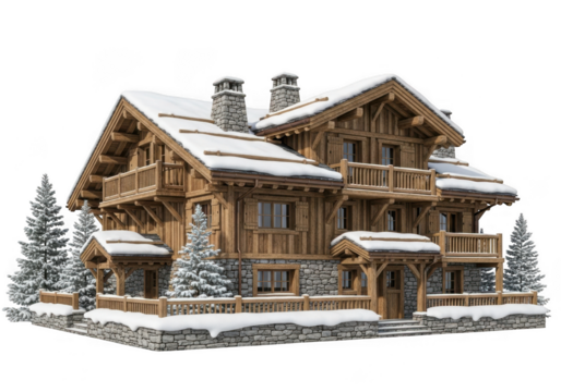 Cozy winter chalet isolated on transparent background