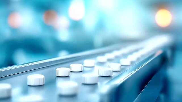 Automated packaging conveyor belt with defocused sterile pharma plant, faceless pharmaceutical production, labeling visualization detail, blurred manufacturing background, sterile