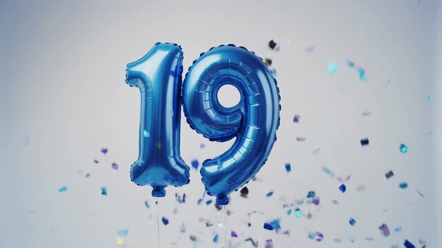 Blue balloon number 19 for birthday or anniversary party. White background with falling confetti
