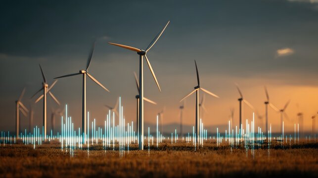 Numerous wind turbines generate clean energy across a field under a dramatic sky with illuminated digital sound waves