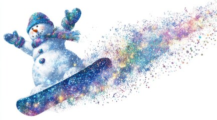 Snowman enjoying snowboarding in a colorful winter scene with vibrant sparkles
