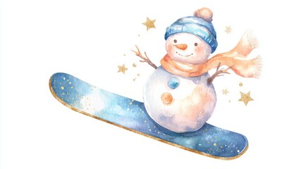 Snowman on a snowboard enjoying a winter day with a cozy scarf and hat