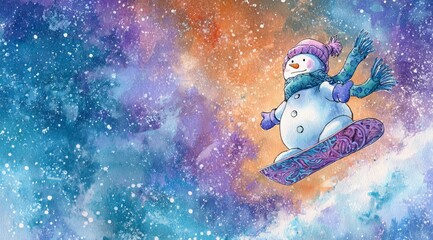 Snowman joyfully snowboarding through a colorful winter landscape on a bright snowy day