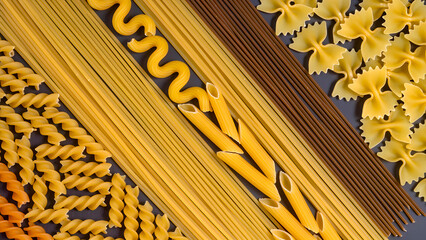 Composition of various types of dry Italian pasta (spaghetti, fusilli, penne, farfalle) on a dark background.