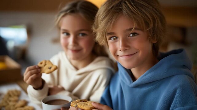 Young kids enjoying a hot cocoa and cookie break after decorating Christmas cookies, emotion of delight and satisfaction visible, symbolizing festive treats, holiday comfort, and family culinary