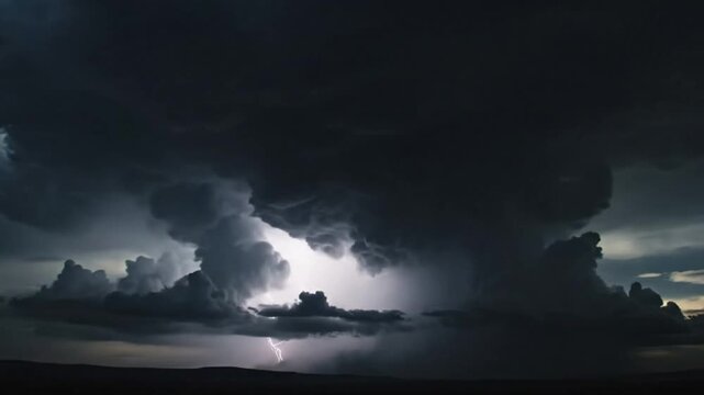 Dark storm clouds rapidly moving toward the viewer in a dramatic time-lapse sequence. Thick, turbulent gray and black cloud formations swirl and roll across the sky, creating an intense, moody