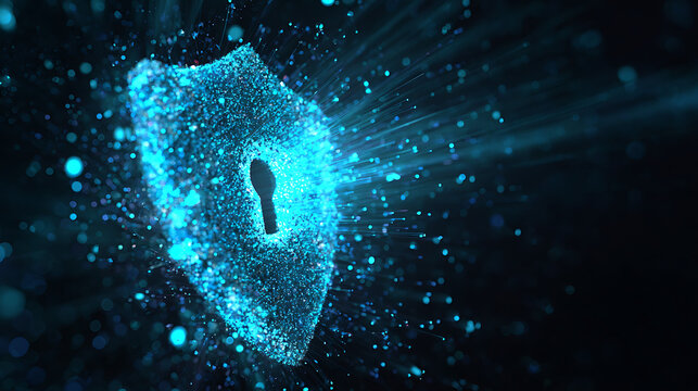 Dynamic digital shield with keyhole glows with vibrant blue particles and light beams, representing data security and protection