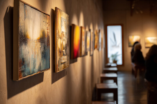 Warmly lit contemporary art gallery interior with abstract paintings on textured wall, wooden benches and blurred visitors enjoying the exhibition evening