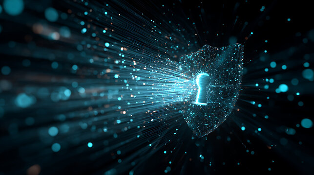 Unlock cutting edge digital security with a glowing keyhole shield protecting vital data streams and complex networks