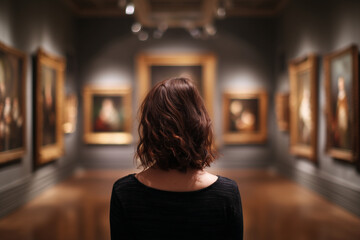 Woman admiring classical paintings in a softly lit museum gallery — contemplative back view capturing quiet appreciation of art and culture