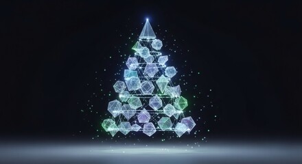 Abstract digital christmas tree made of glowing geometric shapes and particles on a dark background