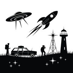 Silhouette of ufo rocket car and lighthouse under starry sky