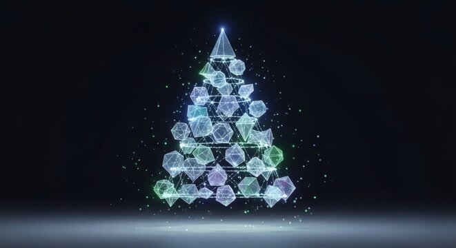 Abstract digital christmas tree made of glowing geometric shapes and particles on a dark background
