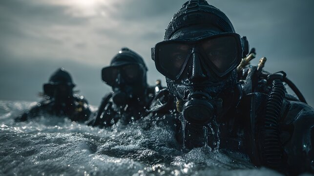 Team of military divers emerges from turbulent water surface under bright sky