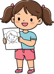 Cute happy girl holding drawing paper, smiling child character illustration, creative kids art education concept vector design background