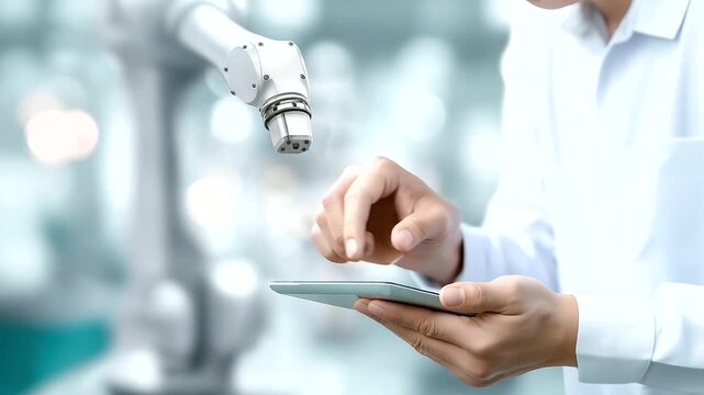 Engineers testing robot arm control with defocused factory floor, faceless intelligent machinery, automation visualization detail, blurred monitoring system, welding robot concept,