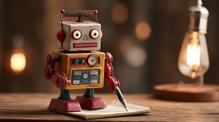 Vintage style mechanical figurine diligently captures notes with a writing utensil on a wooden surface
