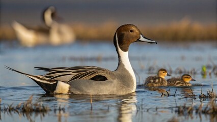 Elegant male Northern Pintail duck (Anas acuta) gracefully swimming in its natural wetland habitat at dawn or dusk.