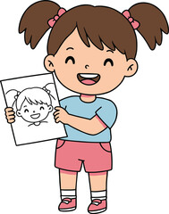 Happy little girl showing her drawing, cute smiling child art illustration, creative kids education and imagination concept