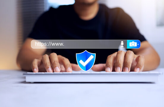 https www website security concept with a man in black t-shirt using keyboard to search information by domain type more secure an encrypted communication protocol asymmetric algorithm