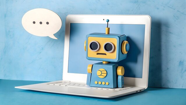 3D cartoon robot chatbot on laptop screen with speech bubble. Artificial intelligence assistant and online communication technology concept.