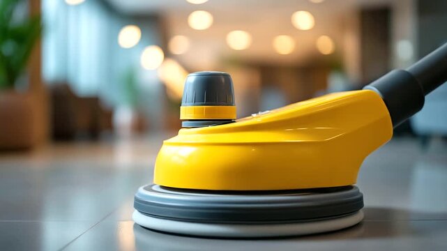 Industrial floor buffer cleaning hallway with defocused corporate, faceless janitorial service, polishing visualization detail, blurred modern background, professional cleaning con