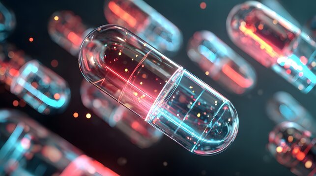 Numerous transparent pharmaceutical capsules glow with internal blue and red light in a dark environment