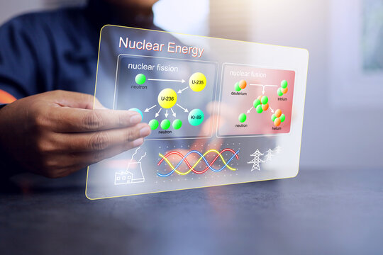 Nuclear energy concept with power plant staff using reactions to produce electricity and obtained from nuclear fission and fusion reactions