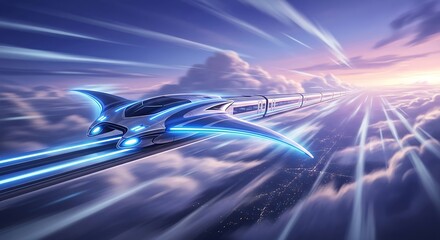 Train futuristic high speed transport above clouds