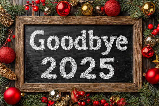 Chalkboard sign saying "Goodbye 2025" surrounded by festive holiday decor like evergreen, red berries, pinecones, and ornaments. Ideal for end-of-year themes.