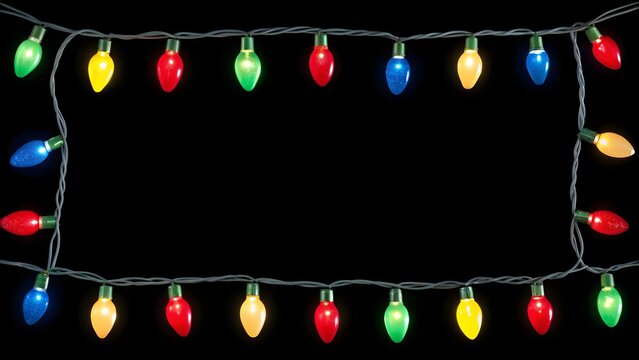 Glowing colorful Christmas string lights forming a festive frame on dark background. Holiday decoration border for celebration, greeting, or seasonal design. - Powered by Adobe