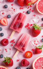 Ice cream popsicle. Ice cream on bright vibrant color pastel solid background. Color frozen fruit popsicle. Homemade ice lolly, popsicle. Summer ice cream minimal fashion idea. Realistic photo