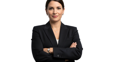Woman in suit with arms crossed, isolated on transparent background
