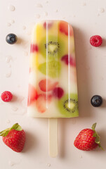 Ice cream popsicle. Ice cream on bright vibrant color pastel solid background. Color frozen fruit popsicle. Homemade ice lolly, popsicle. Summer ice cream minimal fashion idea. Realistic photo