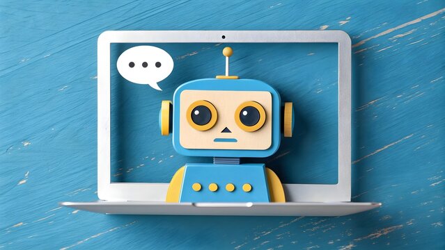 3D cartoon robot chatbot on laptop screen with speech bubble. Artificial intelligence assistant and online communication technology concept.