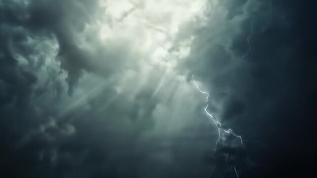 Dramatic stormy sky with powerful lightning strike and sun rays breaking through dark thunderclouds