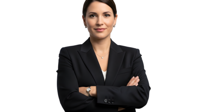 Woman in suit with arms crossed, isolated on transparent background - Powered by Adobe