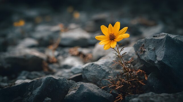 Bright yellow wildflower emerges resiliently between dark gray jagged stones