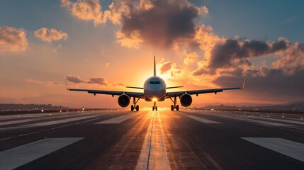 Large passenger airplane positioned on an illuminated runway against a vibrant sunset sky