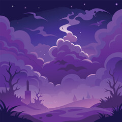 Mystical night landscape with glowing purple clouds, dark silhouettes of trees, and a dreamy fantasy sky — vector illustration, flat style, soft gradient