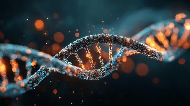 Dynamic 3D rendering of a shimmering DNA double helix with glowing particles and bokeh lights, representing genetic science, evolution, and medical breakthroughs.