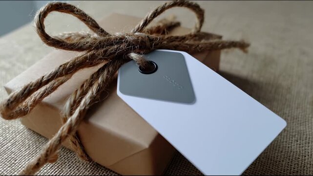 A gift box tied with jute bow and blank tag rests on burlap surface, gently shifting as the camera moves