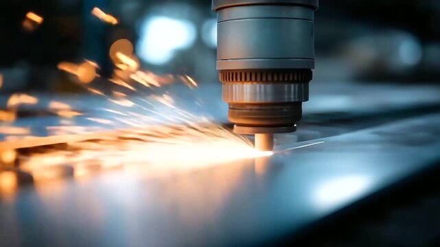 Metalworker at large machine producing defocused sparks factory, faceless metal forming, industrial visualization detail, blurred workshop background, sheet shaping concept, machin