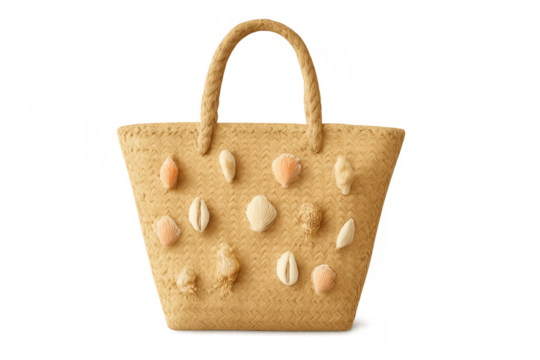 Straw beach handbag decorated with seashells for summer fashion