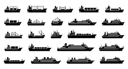 Obraz premium Diverse Cargo Ship and Ferry Icons Set for Global Logistics and Maritime Industry Design Projects