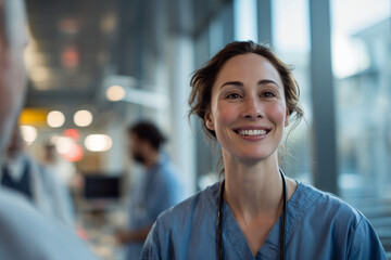 Smiling female nurse in blue scrubs with stethoscope in a bright modern hospital corridor — compassionate healthcare professional portrait