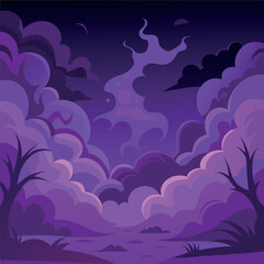 Mystical night landscape with glowing purple clouds, dark silhouettes of trees, and a dreamy fantasy sky — vector illustration, flat style, soft gradient