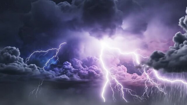 Seamless 4K 3D animation of a fantastic thunderstorm in the night sky. Dark storm clouds churn with dynamic motion, illuminated by flashing lightning strikes. Colorful neon glows of blue