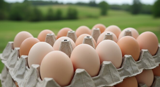 Close-up view of fresh, brown eggs arranged in a gray cardboard egg carton