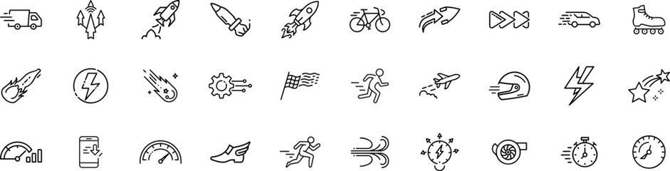 Collection of 30 icons representing speed, motion, and energy, including cars, rockets, lightning, and gauges, isolated on transparent background